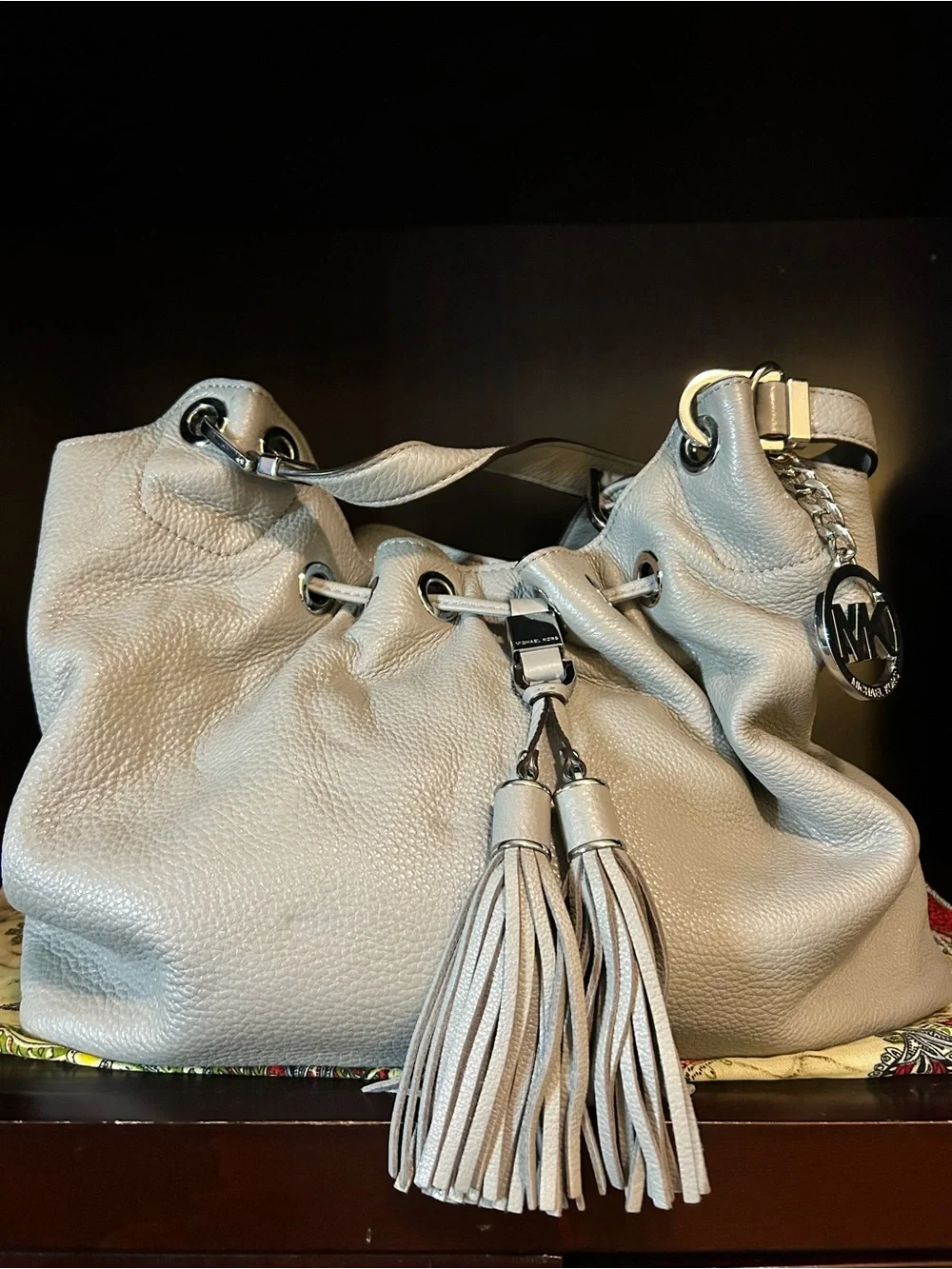 Michael Kors Light Gray Pebbled Leather Tassel Hobo Bag